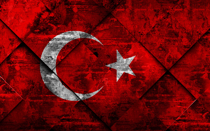 Flaggan i Turkiet, grunge konst, rhombus grunge textur, Turkisk flagga, Europa, nationella symboler, Turkiet, kreativ konst