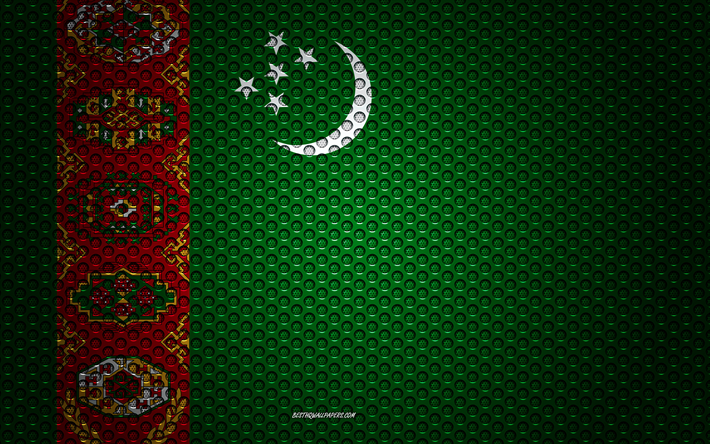Flag of Turkmenistan, 4k, creative art, metal mesh texture, Turkmenistan flag, national symbol, Turkmenistan, Asia, flags of Asian countries