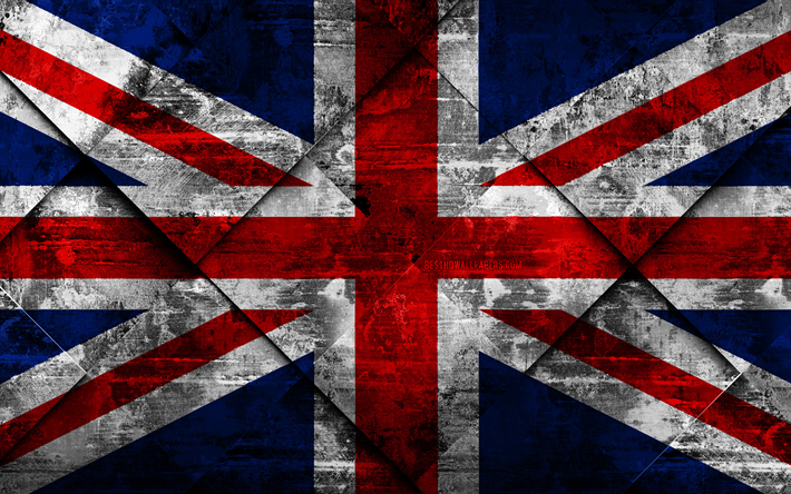 Flag of United Kingdom, grunge art, rhombus grunge texture, Great Britain flag, Europe, national symbols, United Kingdom, creative art, Great Britain