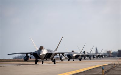 Lockheed Martin F-22 Raptor, USAF, runway, american fighter jets, F-22, US Air Force