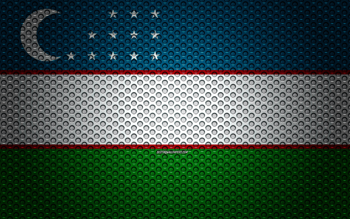 Flaggan i Uzbekistan, 4k, kreativ konst, metalln&#228;t konsistens, Uzbekistan flagga, nationell symbol, Uzbekistan, Asien, flaggor fr&#229;n l&#228;nder i Asien
