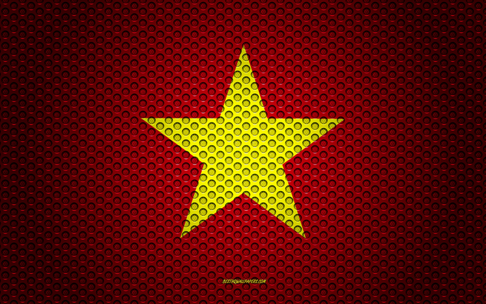Flaggan i Vietnam, 4k, kreativ konst, metalln&#228;t konsistens, Vietnamesiska flaggan, nationell symbol, Vietnam, Asien, flaggor fr&#229;n l&#228;nder i Asien