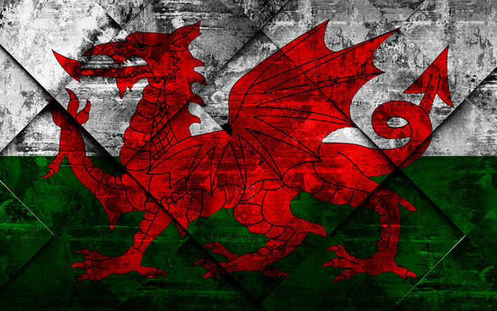 Flag of Wales, grunge art, rhombus grunge texture, Wales flag, Europe, national symbols, Wales, creative art