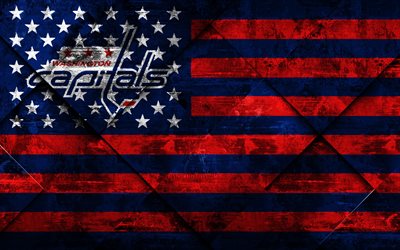 Washington Capitals, 4k, American hockey club, grunge art, rhombus grunge texture, American flag, NHL, Washington, USA, National Hockey League, USA flag, hockey