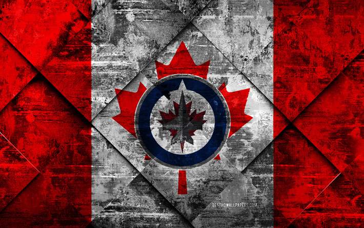 Winnipeg Jets, 4k, Kanadensisk hockey club, grunge konst, rhombus grunge textur, Amerikanska flaggan, NHL, Winnipeg, Manitoba, Kanada, USA, National Hockey League, Kanadensiska flaggan, hockey