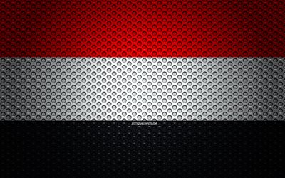 旗のイエメン, 4k, 【クリエイティブ-アート, 金属メッシュの質感, イエメンのフラグ, 国立シンボル, イエメン, アジア, 旗のアジア諸国