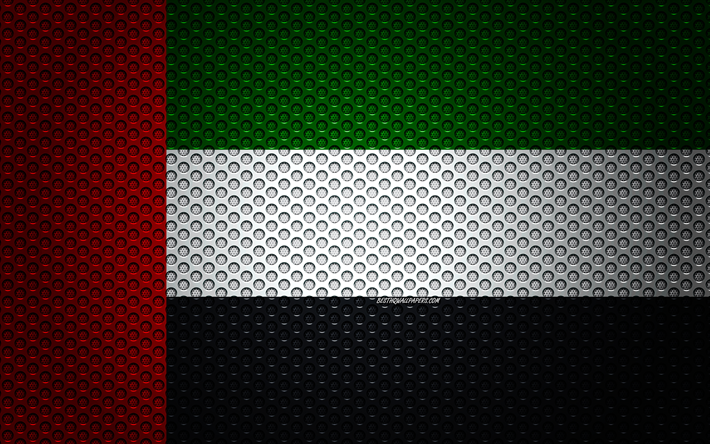 Flag of United Arab Emirates, 4k, creative art, metal mesh texture, UAE flag, national symbol, United Arab Emirates, Asia, flags of Asian countries