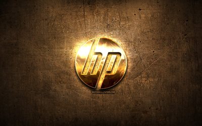 HP logo dor&#233;, illustration, marron metal de fond, Hewlett-Packard, cr&#233;atif, HP logo, marques, HP