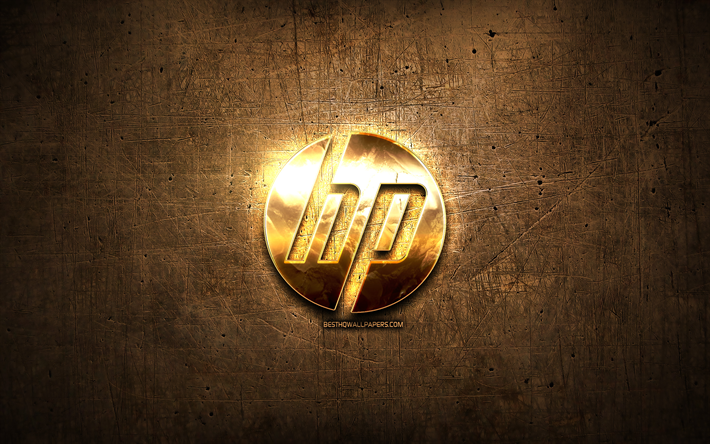 HP golden logo, artwork, brown metal background, Hewlett-Packard, creative, HP logo, brands, HP