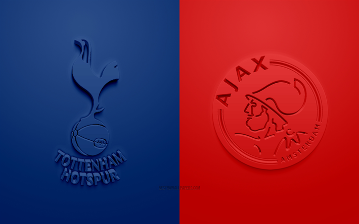 Tottenham Hotspur FC vs AFC Ajax, jalkapallo-ottelu, UEFA Europa League, sininen punainen tausta, 3d art, mainosmateriaali, semifinaali, jalkapallo, Euroopassa, Tottenham Hotspur FC, AFC Ajax