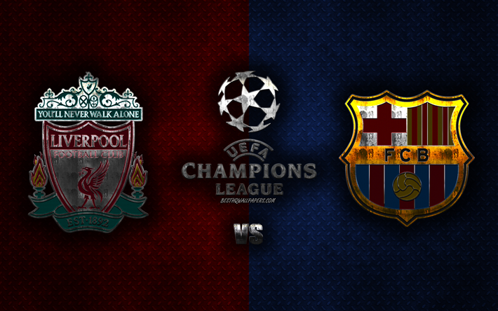 Liverpool FC vs FC Barcelona, metal art, promo, jalkapallo-ottelu, UEFA Europa League, punainen-sininen tausta, metalli rakenne, logot, mainosmateriaali, semifinaali, jalkapallo, Euroopassa, FC Barcelona, Liverpool FC