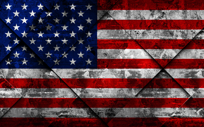 Flag of USA, grunge art, rhombus grunge texture, American flag, North America, national symbols, USA, creative art, United States of America