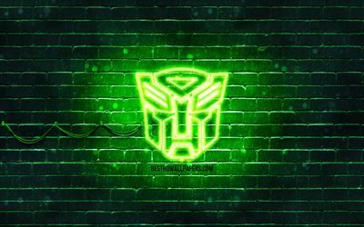 Transformers green logo, 4k, green brickwall, Transformers logo, movies, Transformers neon logo, Transformers
