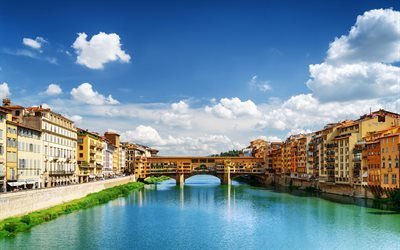 古橋, 4k, 夏, イタリアの都市, アルノー川, フィレンツェ, イタリア, 欧州, HDR