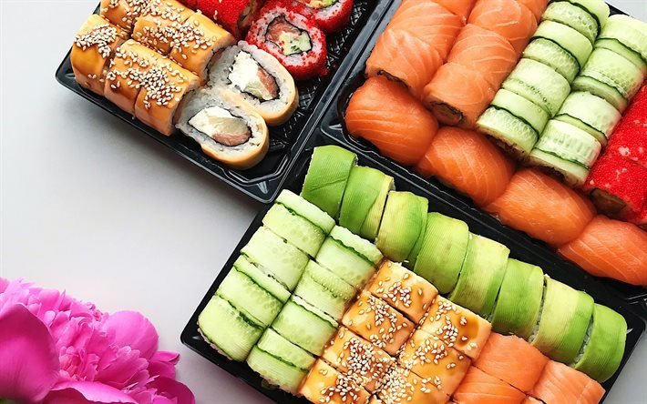 sushi set, rolls with salmon, gunkan, nagiri, uramaki, sushi, asian food, bokeh, fastfood