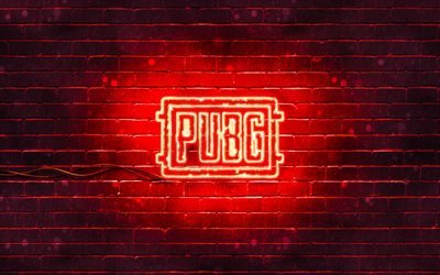 Pugb red logo, 4k, red brickwall, PlayerUnknowns Battlegrounds, Pugb logo, 2020 games, Pugb neon logo, Pugb