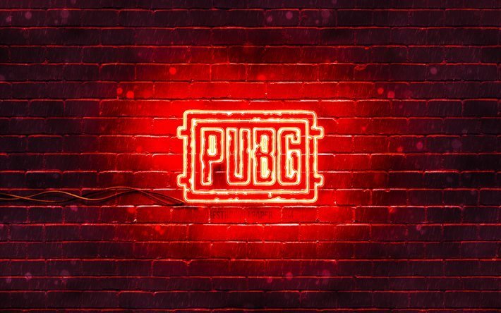 Pugb red logo, 4k, red brickwall, PlayerUnknowns Battlegrounds, Pugb logo, 2020 games, Pugb neon logo, Pugb