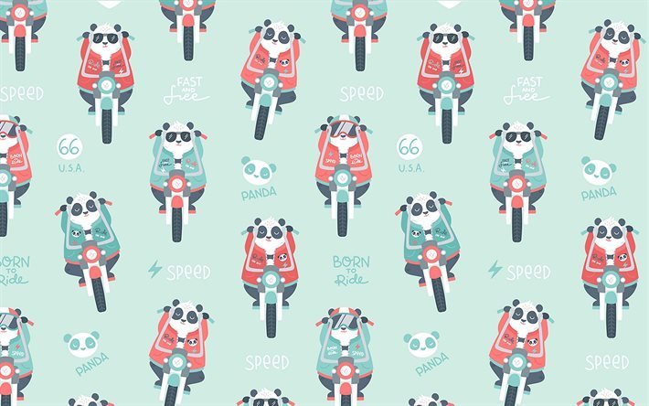 panda on motorcycle, cartoon panda pattern, 4k, background with panda, creative, panda textures, kids textures, cartoon panda background, panda patterns, kids backgrounds