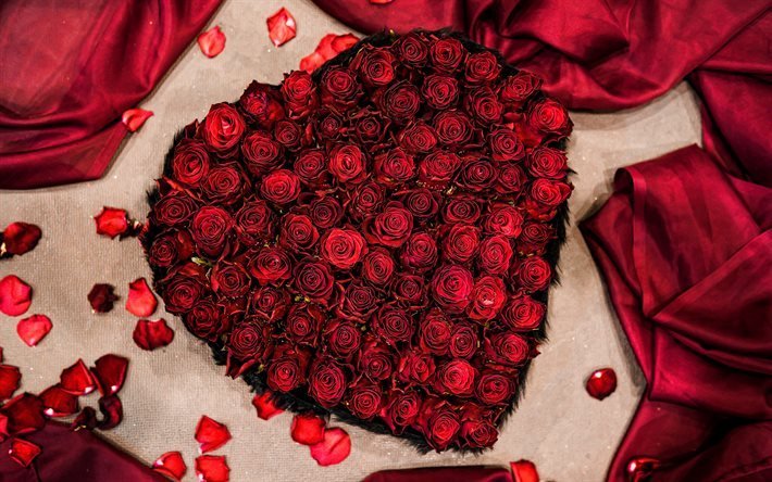 les roses rouges cœur, 4k, amour, concepts, bouquet de roses rouges, de belles fleurs, des roses rouges, coeur de fleurs