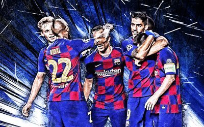 4K, Lionel Messi, Arturo, Arturo Vidal, Luis Suarez, Frenkie de Jong, squadra del Barcellona, blu, astratto raggi, La Liga, calciatori, FCB, stelle del calcio, grunge, arte, Barca, calcio, LaLiga, la Spagna, il calcio, il Barcellona FC