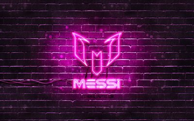 Lionel Messi viola logo, 4k, viola brickwall, Leo Messi, fan art, Lionel Messi, logo, stelle del calcio, Lionel Messi neon logo