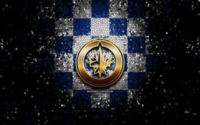 Winnipeg Jets, glitter logo, NHL, blue white checkered background, USA, american hockey team, Winnipeg Jets logo, mosaic art, hockey, America