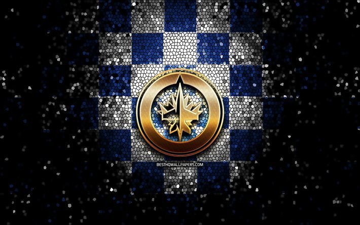 Winnipeg Jets, glitter, logo, NHL, blu, bianco, sfondo a scacchi, stati UNITI, americano, squadra di hockey, Winnipeg Jets logo, mosaico, arte, hockey, America