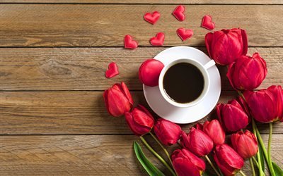 朝, 赤いチューリップ, コーヒーカップ, 木の背景, コーヒーコ, 花の美術, 良い朝の概念