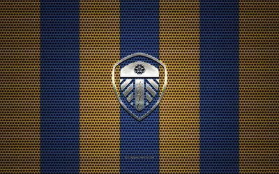 Leeds FC logo, English football club, metal emblem, yellow-blue metal mesh background, Leeds FC, EFL Championship, Leeds, England, football