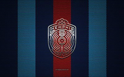 Memphis 901 FC logo, American soccer club, metal emblem, blue red metal mesh background, Memphis 901 FC, USL, Memphis, Tennessee, USA, soccer