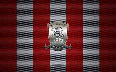 Middlesbrough FC logo, English football club, metal emblem, red and white metal mesh background, Middlesbrough FC, EFL Championship, Middlesbrough, North Yorkshire, England, football