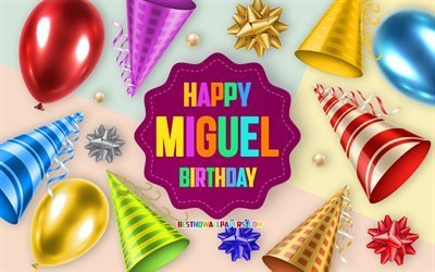 Happy Birthday Miguel, 4k, Birthday Balloon Background, Miguel, creative art, Happy Miguel birthday, silk bows, Miguel Birthday, Birthday Party Background