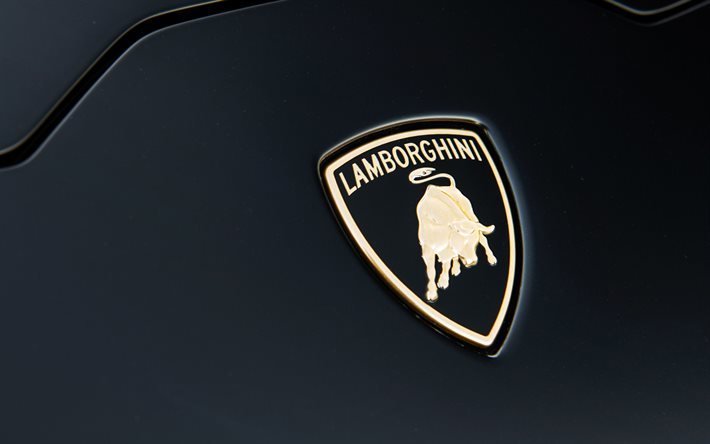 Lamborghini Huracan Performante, 2020, Lamborghini logotyp, svart bakgrund, logotyp p&#229; metall, Lamborghini