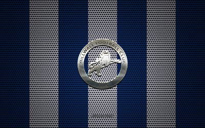 Millwall FC logo, English football club, metal emblem, blue white metal mesh background, Millwall FC, EFL Championship, Bermondsey, South East London, England, football