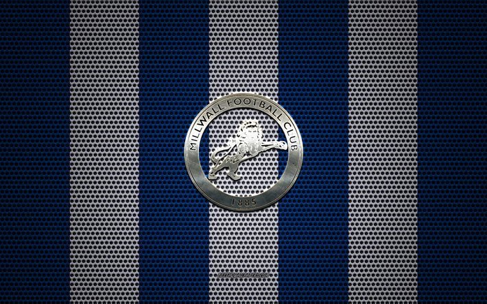 Millwall FC logo, club de football anglais, embl&#232;me m&#233;tallique, bleu, blanc, maille en m&#233;tal d&#39;arri&#232;re-plan, Millwall FC, EFL Championnat, Bermondsey, Sud-Est de Londres, en Angleterre, le football