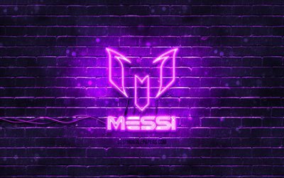 lionel messi violett-logo, 4k, violett brickwall, leo messi, fan-kunst, lionel messi-logo, fu&#223;ball-stars, lionel messi neon-logo, lionel messi