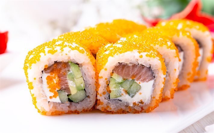 Uramaki, macro, sushi, comida asi&#225;tica, bokeh, fastfood, tobiko