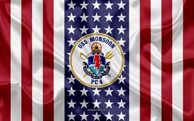 uss monsun-emblem, pc-4, american flag, us-navy, usa, uss monsun abzeichen, us-kriegsschiff, wappen der uss monsun