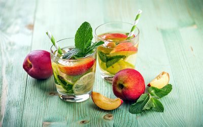 peaches juice with mint, glasses with juice, peaches, mint