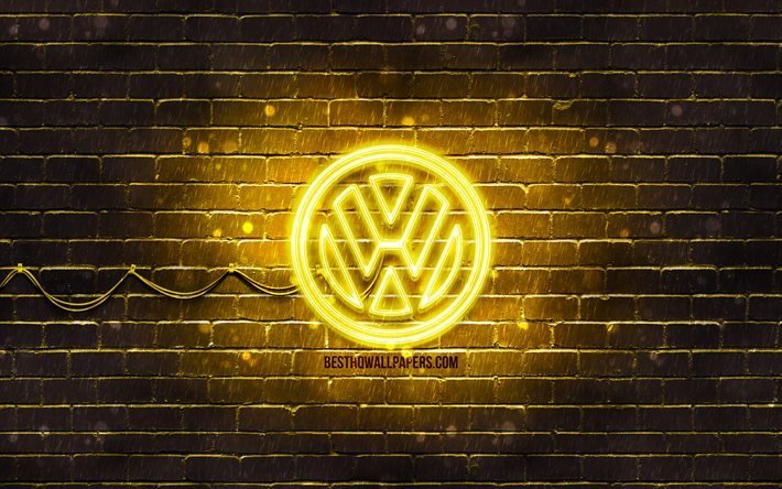 Volkswagen giallo logo, 4k, yellow brickwall, logo Volkswagen, cars brands, Volkswagen neon logo Volkswagen