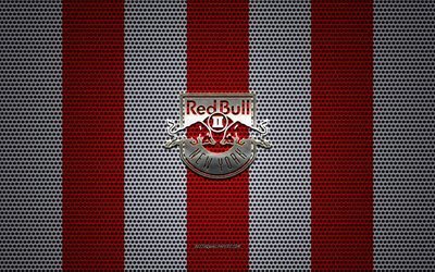 New York Red Bulls II logo, American soccer club, metal emblem, white and red metal mesh background, New York Red Bulls II, USL, Harrison, New Jersey, USA, soccer
