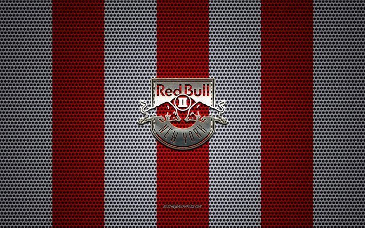 New York Red Bulls II logo, American soccer club, metal emblem, white and red metal mesh background, New York Red Bulls II, USL, Harrison, New Jersey, USA, soccer
