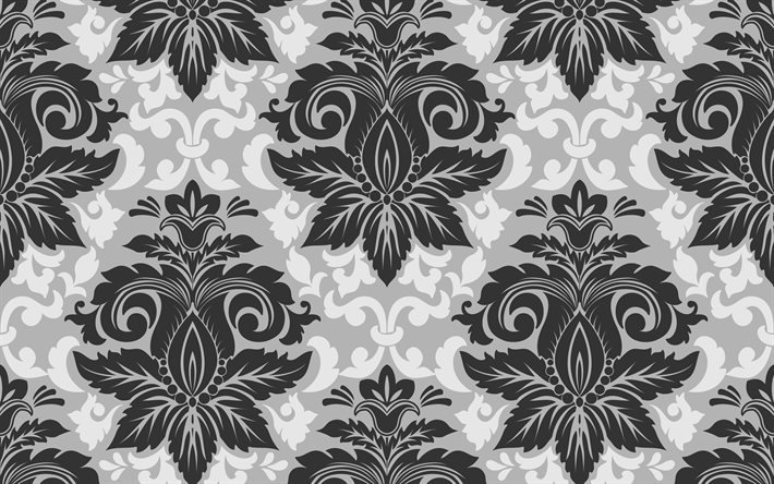 black damask pattern, 4k, gray backgrounds, vintage floral pattern, gray vintage background, floral patterns, background with flowers, gray retro backgrounds, floral vintage pattern, vintage backgrounds