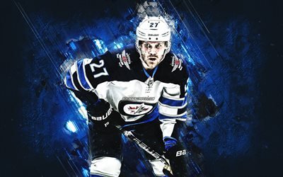 Nikolaj Ehlers, Winnipeg Jets, NHL, Danish hockey player, portrait, blue stone background, National Hockey League, hockey