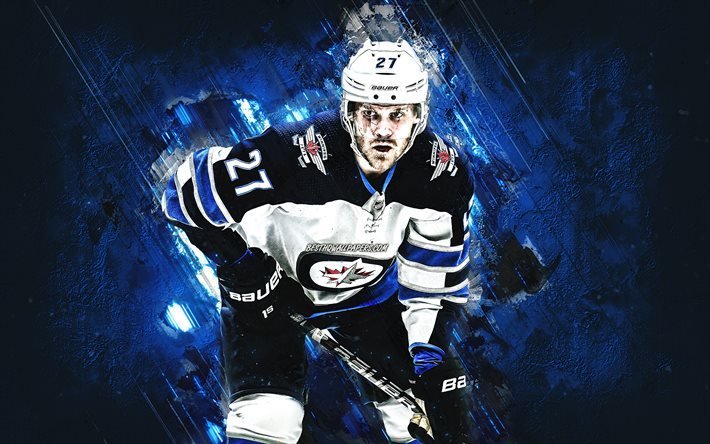 Nikolaj Ehlers, Winnipeg Jets, NHL, Dinamarqu&#234;s jogador de h&#243;quei, retrato, a pedra azul de fundo, Liga Nacional De H&#243;quei, h&#243;quei