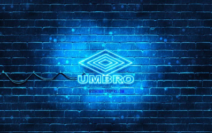 Umbro blue logo, 4k, blue brickwall, Umbro logo, sports brands, Umbro neon logo, Umbro