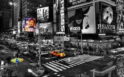 New York, monochrome, yellow taxi, black and white, Times Square, Manhattan, USA