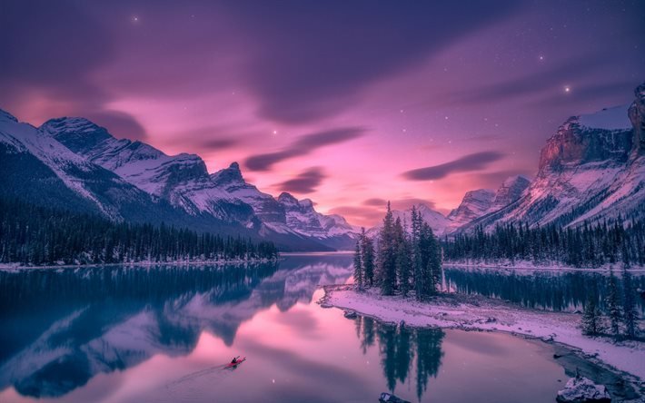 tramonto, paesaggio di montagna, inverno, Alberta, Canada, foresta, alberi, lago di montagna