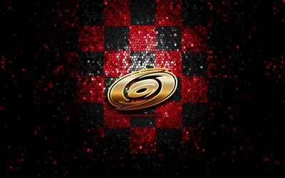 Carolina Hurricanes, glitter logo, NHL, red black checkered background, USA, american hockey team, Carolina Hurricanes logo, mosaic art, hockey, America