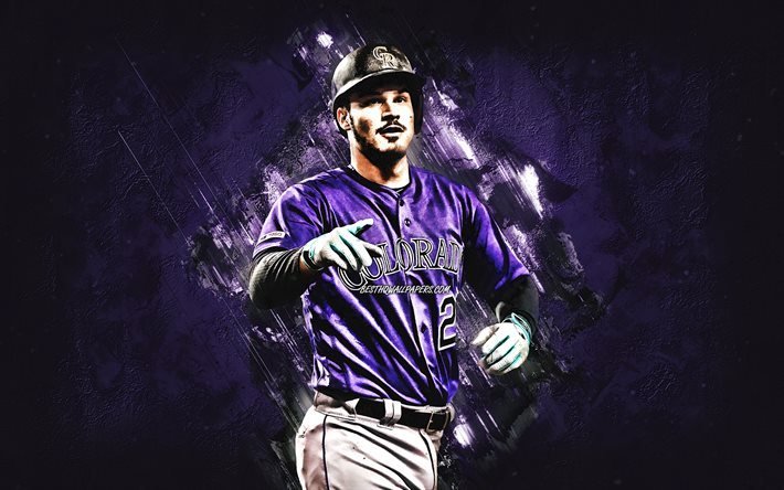 Nolan Arenado, Colorado Rockies, MLB, american baseball player, portrait, purple stone background, baseball, Major League Baseball, USA